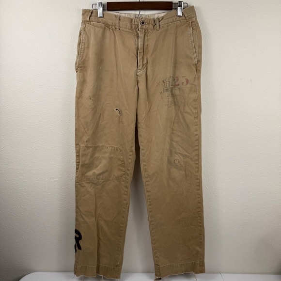 Polo Ralph Lauren Distressed Chino Pants Tan Khaki Mens 33x32 Patch Work RN41381 - Picture 2 of 14